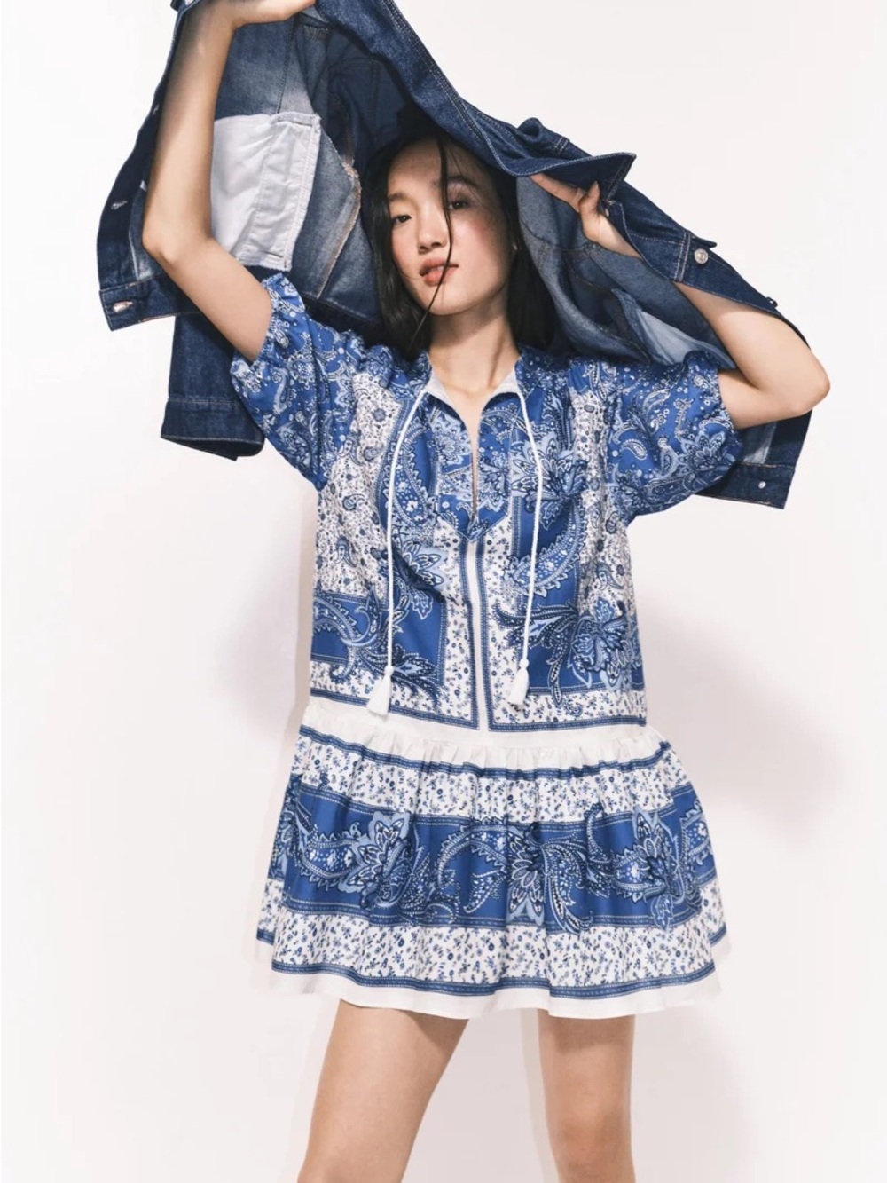 H&M DIVIDED Sold Out Blue/White Patterned Flared-HEM Dress XL NWOT Puff Sleeves